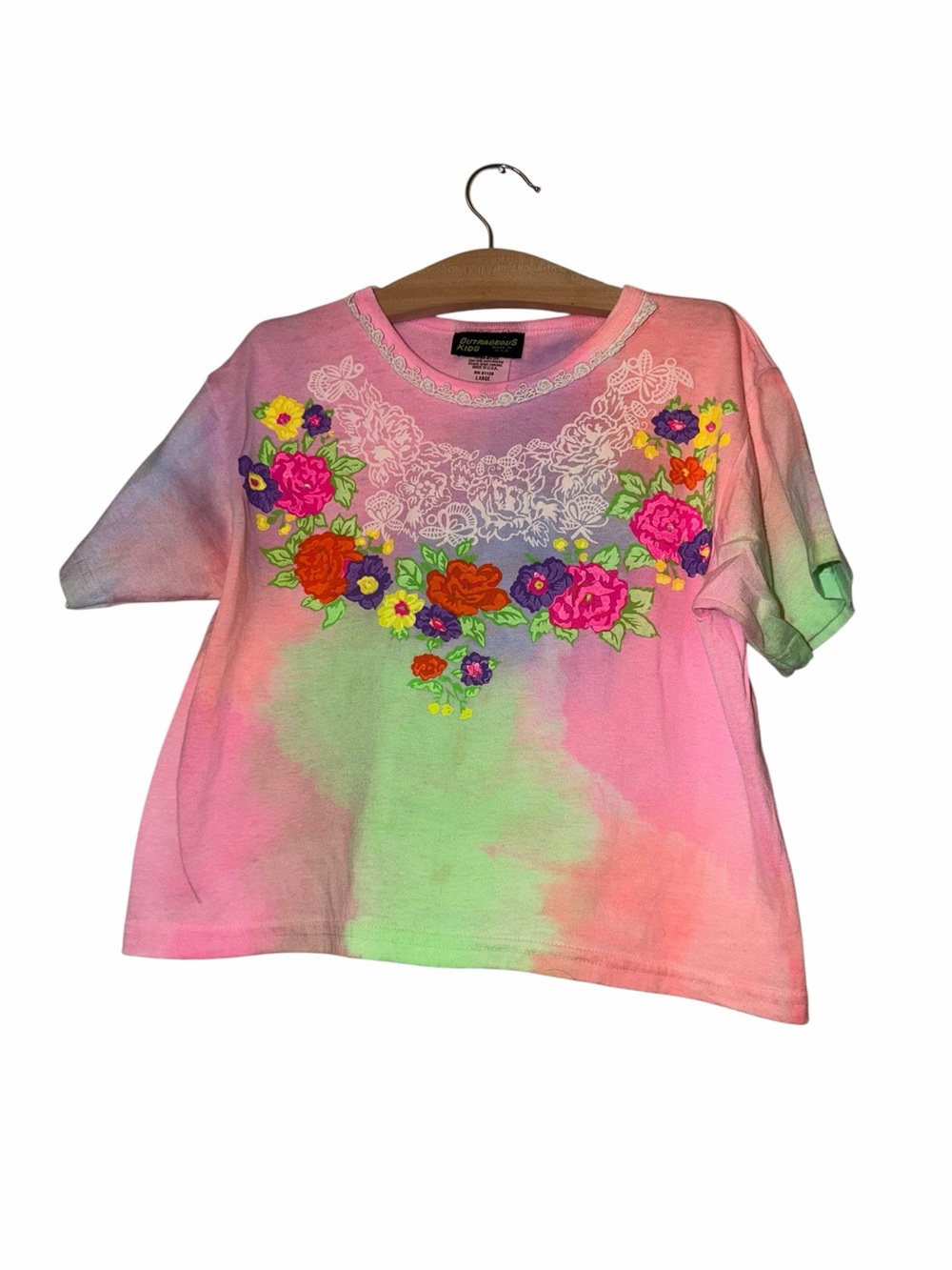 Vtg Girls' Tie-Dye Floral Short Sleeve crop Top Pink & Green butterfly Sz lg